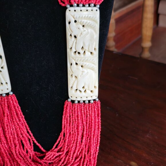 Antique Red Coral Beaded Necklace w/ Hand Carved Elephant Detail Hand Tied Rare! - Picture 2 of 16